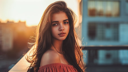 Portrait of a young woman in a cityscapeの素材