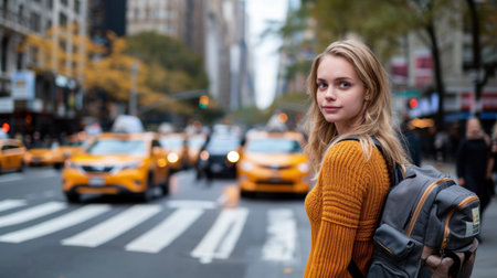 Portrait of a young woman in a cityscapeの素材