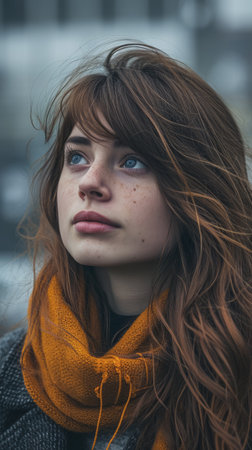 Portrait of a young woman in a cityscapeの素材
