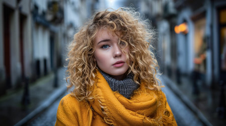 Portrait of a young woman in a cityscapeの素材