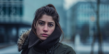 Portrait of a young woman in a cityscapeの素材