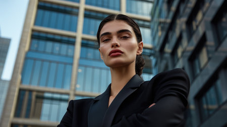 Portrait of a young woman in a cityscapeの素材