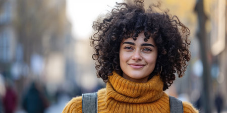 Portrait of a young woman in a cityscapeの素材