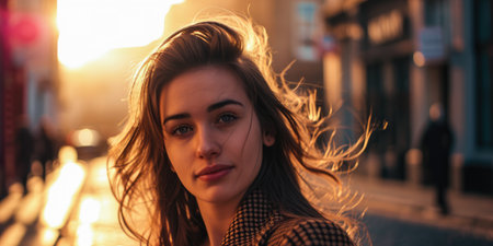 Portrait of a young woman in a cityscapeの素材