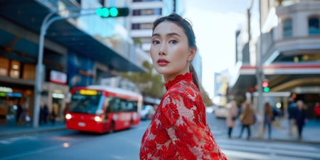 Portrait of a young woman in a cityscapeの素材