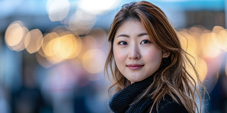 Portrait of a young woman in a cityscapeの素材
