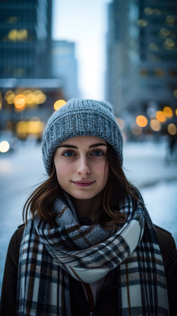 Portrait of a young woman in a cityscapeの素材