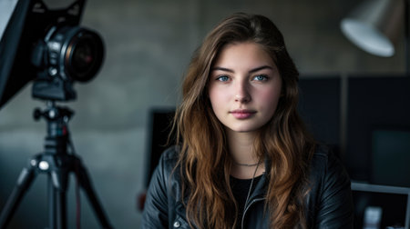 Portrait of a young woman with an intense lookの素材