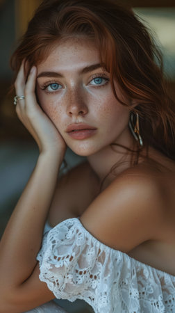 Portrait of a young woman with an intense lookの素材