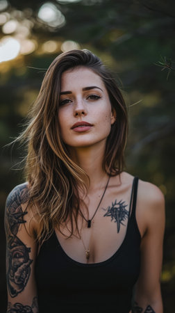 Portrait of a young tattooed woman who is looking at the cameraの素材