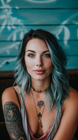 Portrait of a young tattooed woman who is looking at the cameraの素材