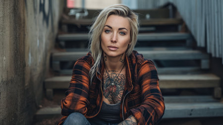 Portrait of a young tattooed woman who is looking at the cameraの素材