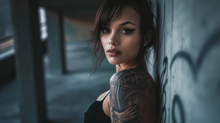 Portrait of a young tattooed woman who is looking at the cameraの素材