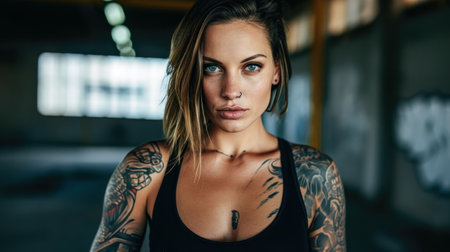 Portrait of a young tattooed woman who is looking at the cameraの素材