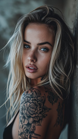 Portrait of a young tattooed woman who is looking at the cameraの素材