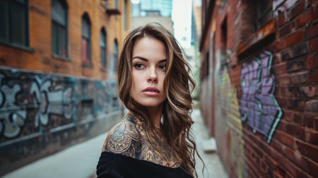 Portrait of a young tattooed woman who is looking at the cameraの素材