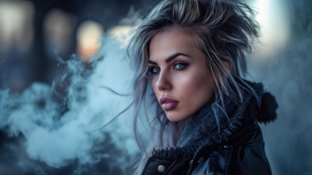 Portrait of a young tattooed woman who is looking at the cameraの素材