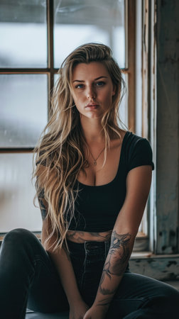 Portrait of a young tattooed woman who is looking at the cameraの素材