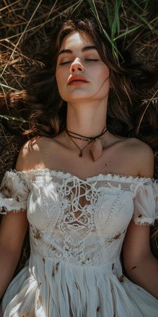 Portrait of s young in a dreamy state in a scene filled with natural lightの素材