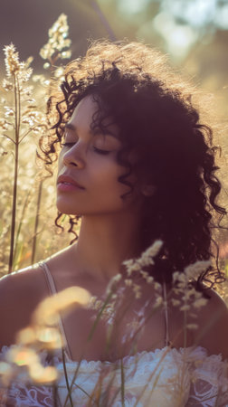 Portrait of s young in a dreamy state in a scene filled with natural lightの素材