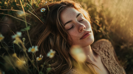 Portrait of s young in a dreamy state in a scene filled with natural lightの素材