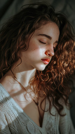 Portrait of s young in a dreamy state in a scene filled with natural lightの素材