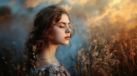 Portrait of s young in a dreamy state in a scene filled with natural lightの素材