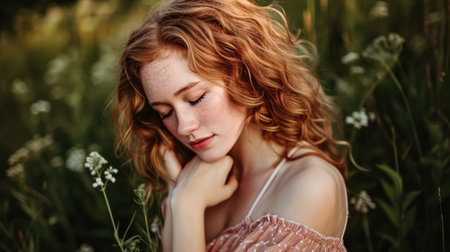 Portrait of s young in a dreamy state in a scene filled with natural lightの素材