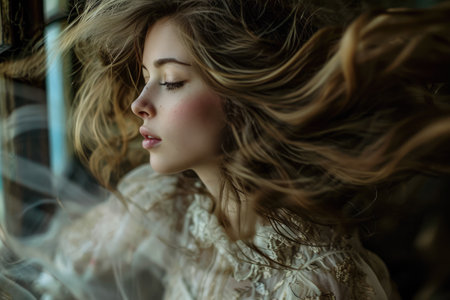 Portrait of s young in a dreamy state in a scene filled with natural lightの素材