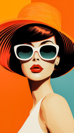 Retro style beauty poster illustration with a bold make up and colorful backdropの素材