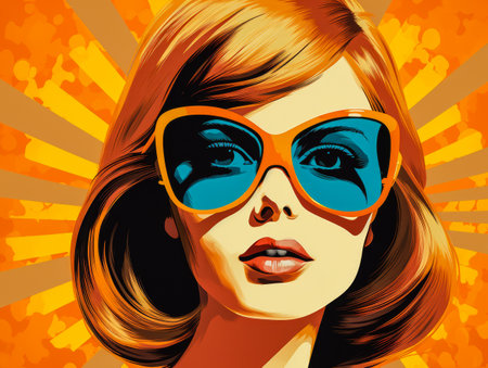 Retro style beauty poster illustration with a bold make up and colorful backdropの素材