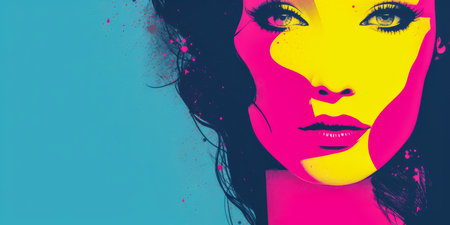 80s retro illustration of a woman in vibrant colorsの素材