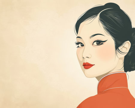 60s retro illustration of an asian woman in vibrant colors with copyspace for textの素材