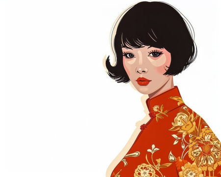 60s retro illustration of an asian woman in vibrant colors with copyspace for textの素材