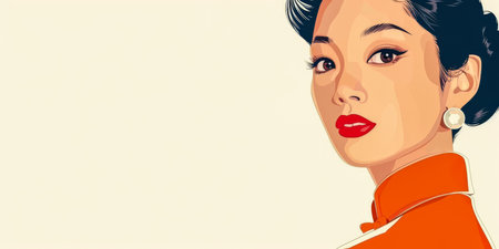 60s retro illustration of an asian woman in vibrant colors with copyspace for textの素材