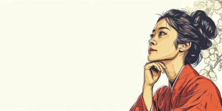 60s retro illustration of an asian woman in vibrant colors with copyspace for textの素材