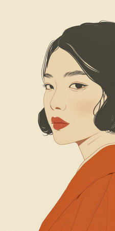 60s retro illustration of an asian woman in vibrant colors with copyspace for textの素材