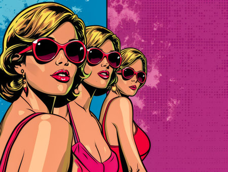Retro pop art illustration of a woman with vibrant colors and copyspace for textの素材
