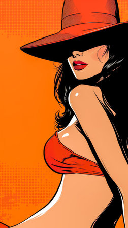 Retro pop art illustration of a woman with vibrant colors and copyspace for textの素材