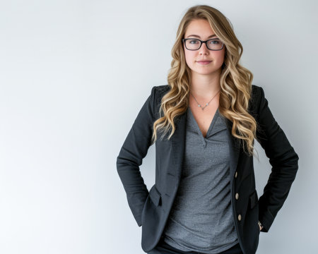 Confident young entrepreneur woman isolated on a white background with space for textの素材