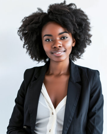 Confident African American young entrepreneur woman isolated on a white background with space for textの素材