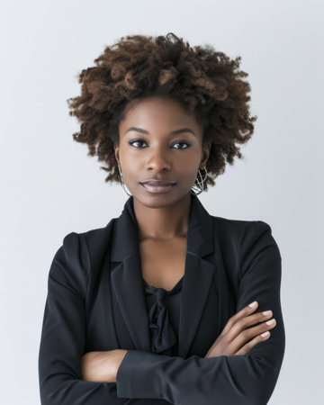 Confident African American young entrepreneur woman isolated on a white background with space for textの素材