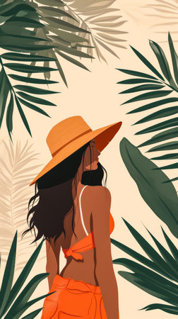 Vibrant illustration of a woman in a cityの素材