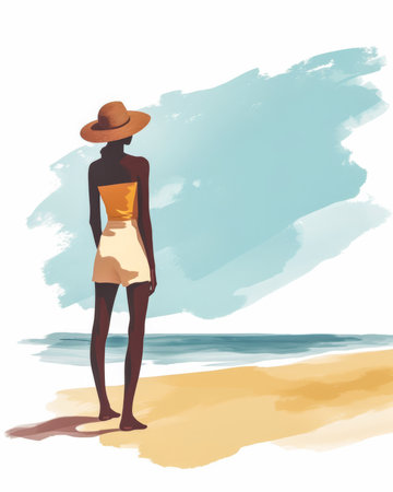 Illustration of an African American woman at the beach gazing into the horizonの素材