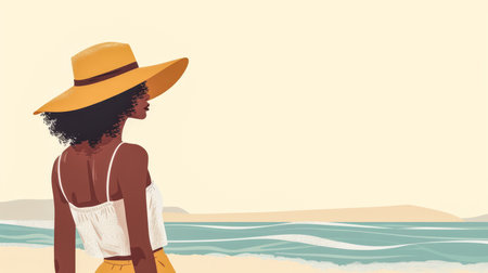 Illustration of an African American woman at the beach gazing into the horizonの素材