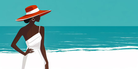Illustration of an African American woman at the beach gazing into the horizonの素材