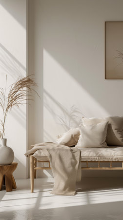 Minimalist interior composition with a sofa next to a windowの素材