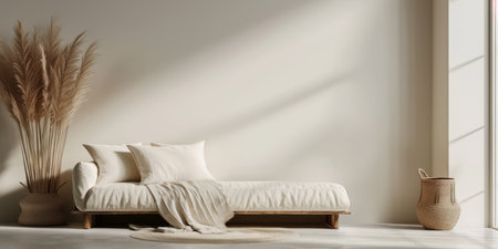 Minimalist interior composition with a sofa next to a windowの素材