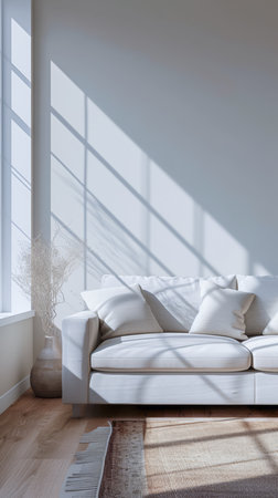 Minimalist interior composition with a sofa next to a windowの素材
