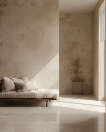 Minimalist interior composition with a sofa next to a windowの素材